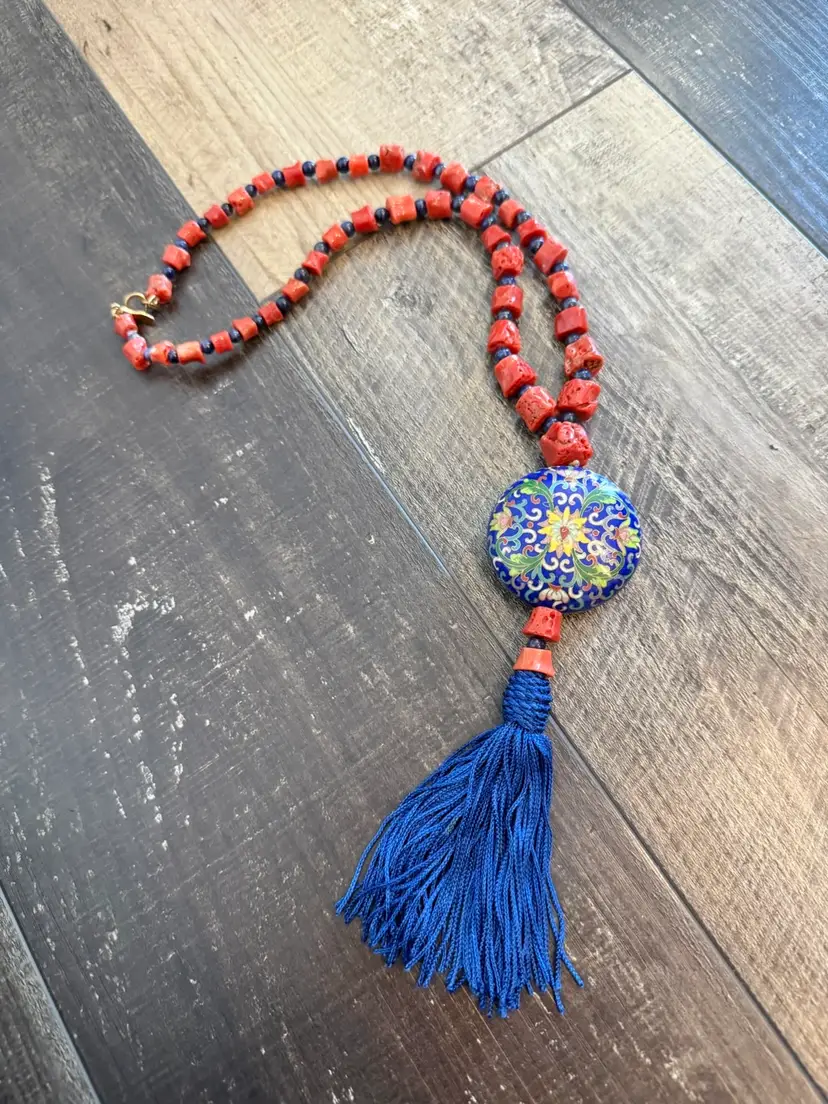 Vintage Judith Leiber Coral & Cloisonné Necklace