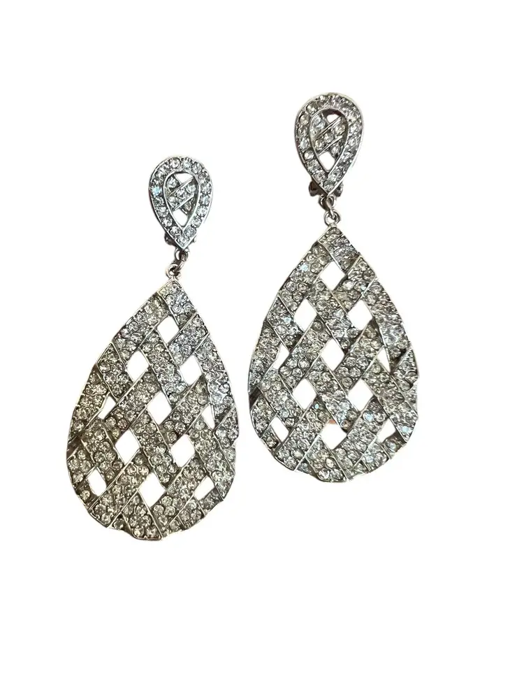 Lot Of 6 Pair Of Rhinestone Basketweave Dangle Clip Earrings