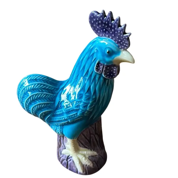 6 Inch Antique Turquoise And Purple Chicken Rooster Figurine Cockerel