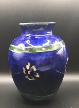 Handpainted Colbalt Blue Ceramic Vase W Flower Design