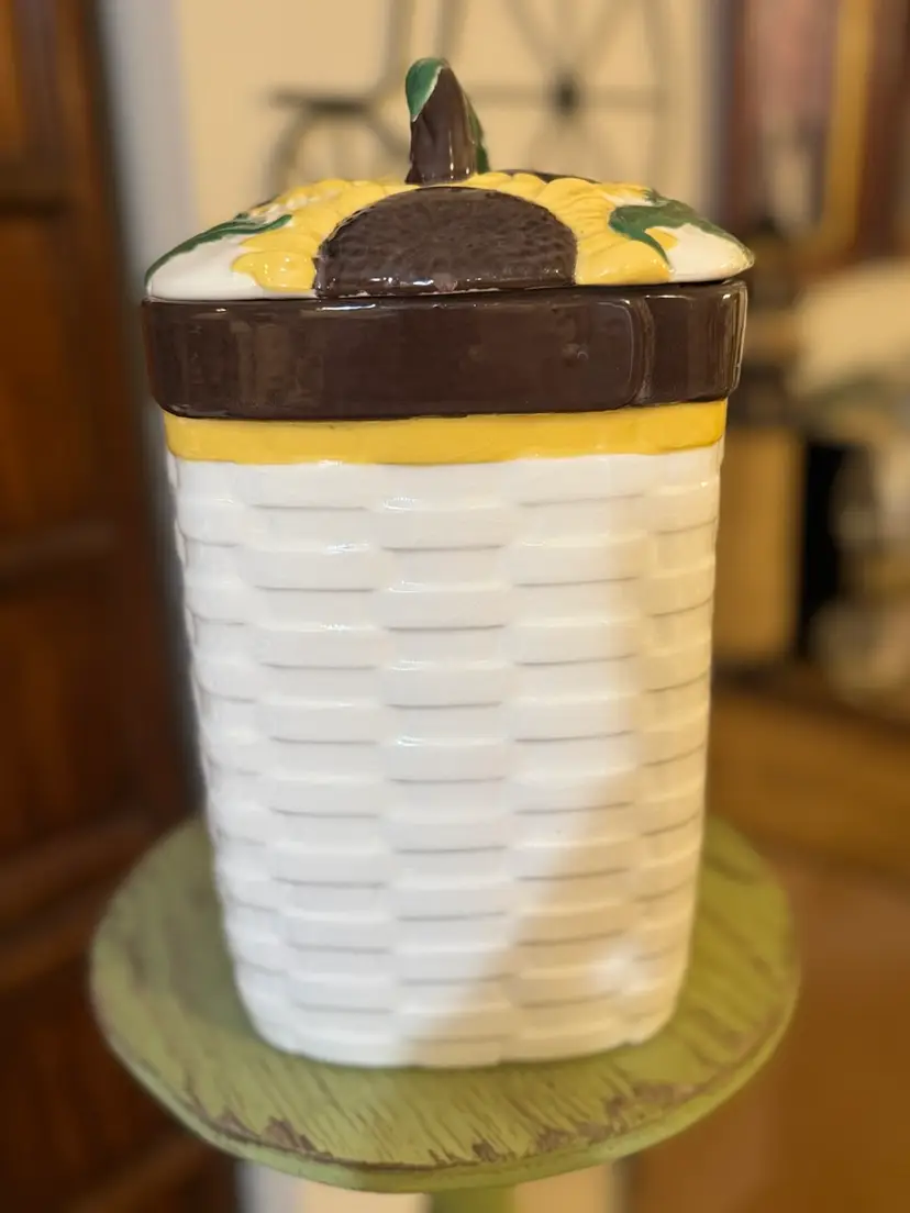 Large Vintage Ceramic Basket Weave Canister W/Sunflower Lid 18”