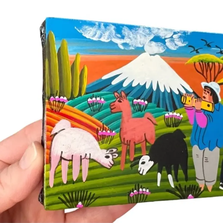 Lot Of 3 Ecuador Tigua Style Folk Art Stretched Leather Hide Paintings