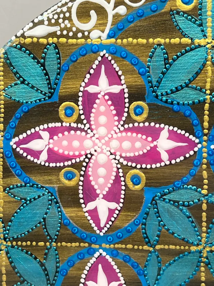 Hand Painted Mandala Painting On Wood 9” Trivet Or Wall Art Signed