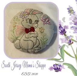 Up-cycled Vintage Hand Embroidered Bunny Linen Pin Cushion.