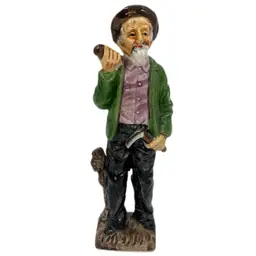 Old Man Ceramic Figurine Statue Green Coat Hat Whittling White Beard Grandpa Vintage.