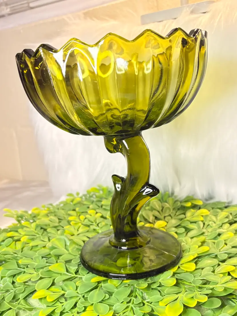 Vintage Indiana Glass Avocado Green Lotus Blossom Compote Pedestal Dish