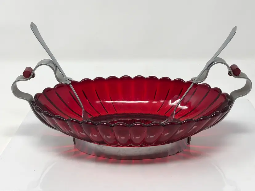 Imperial Glass Ruby Red Amberina Pillar Flute Oval Relish Dish with Stand and Forks