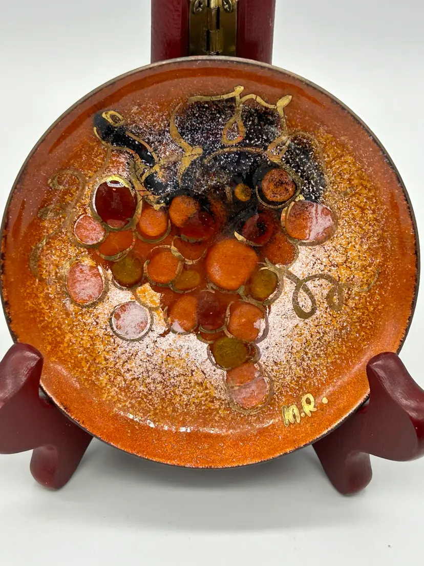 MCM Enamel On Copper Artist Signed Trinket Dish Grapes Orange Brown