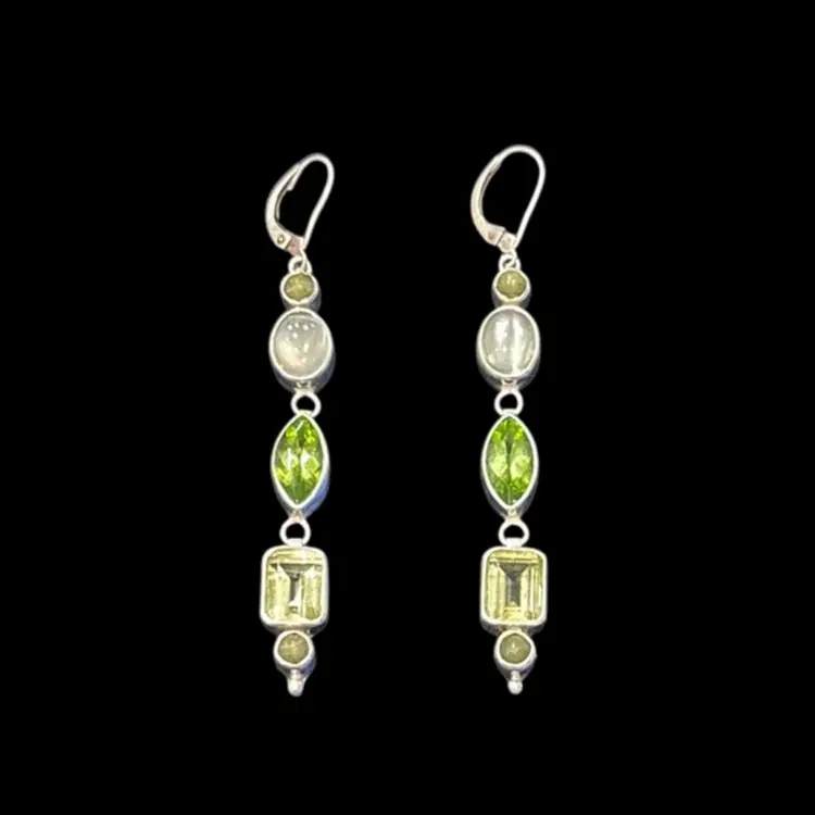 Sterling Silver Peridot, Topaz & Moonstone Dangle Earrings 2.75”