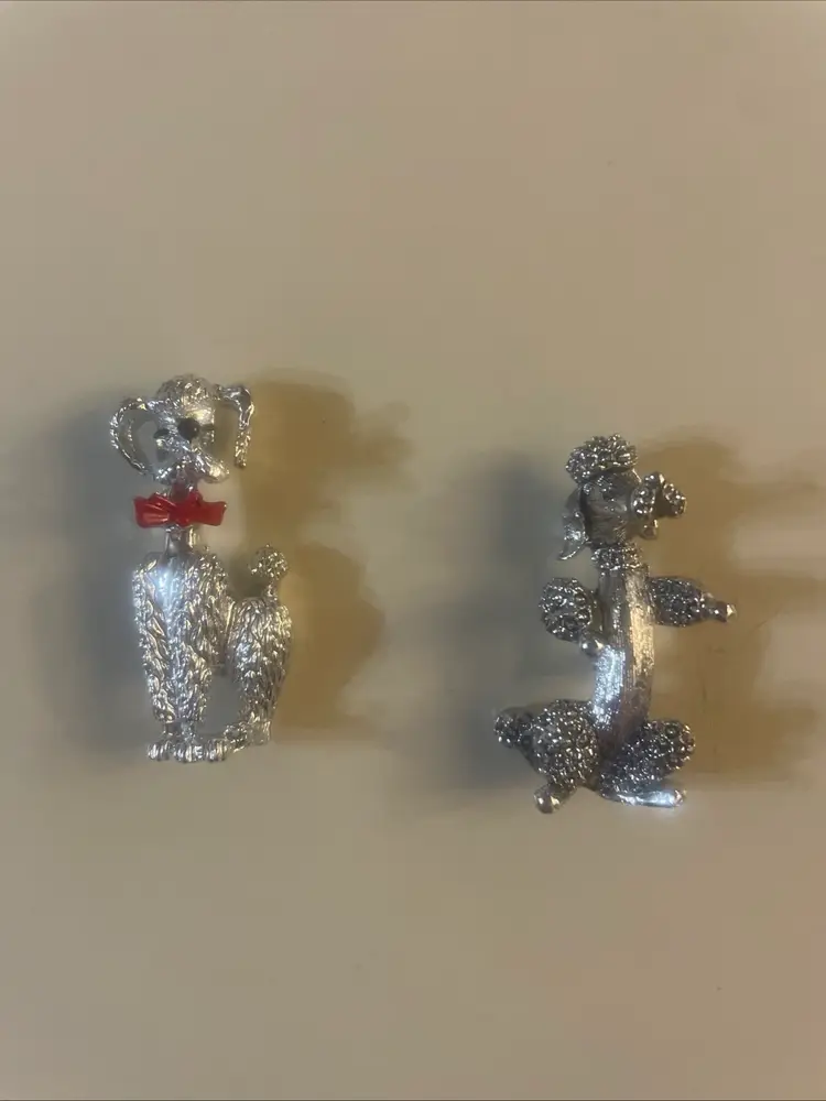 Set of 2 Vintage Signed GERRYS Silver Tone Metal POODLE Dog Pin Brooch Lot