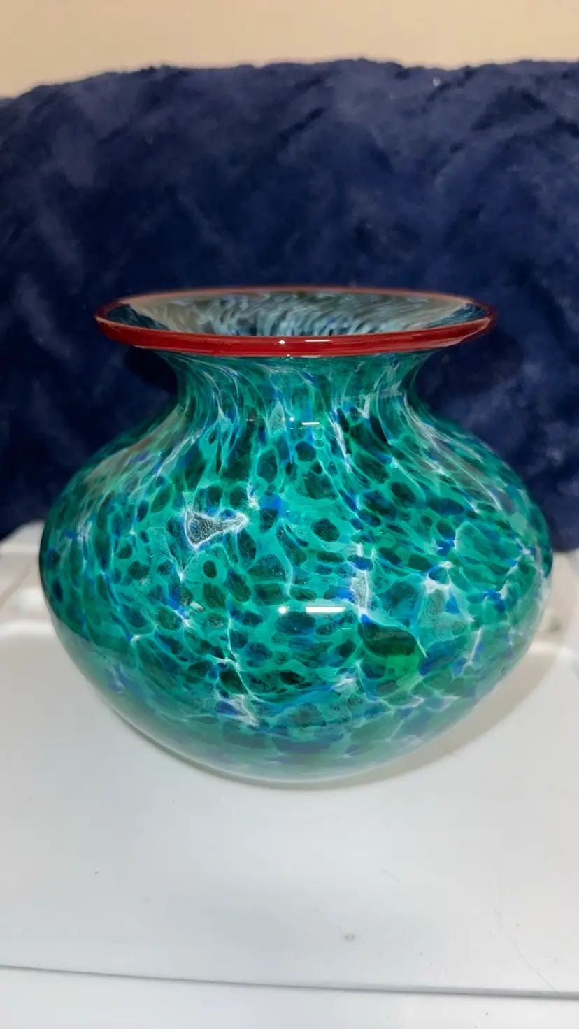 Colin Stone Handblown Art Glass Vase 6” tall 6.5” wide blue green with red rim
