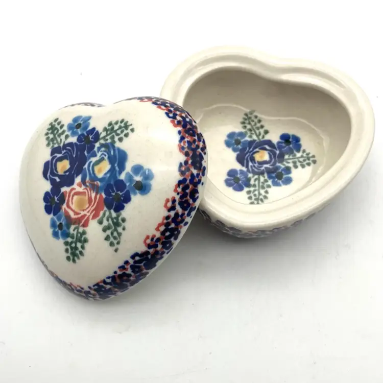10 - Polish Pottery Heart Shaped Ceramic Trinket Box