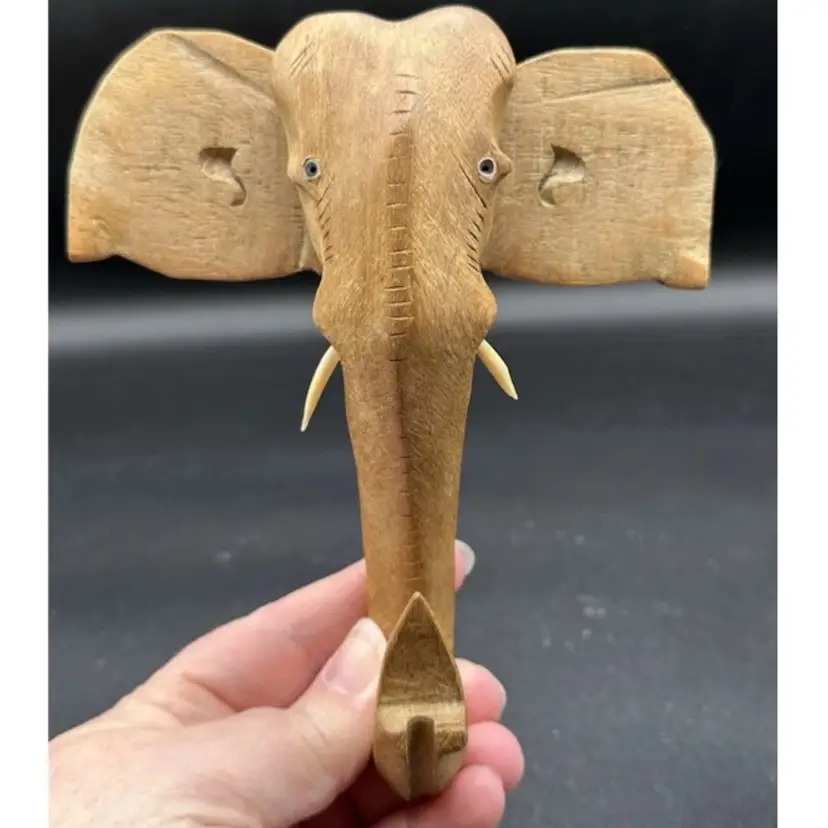 Vintage Hand Carved Wooden Elephant Wall Hook Made In India Collectible