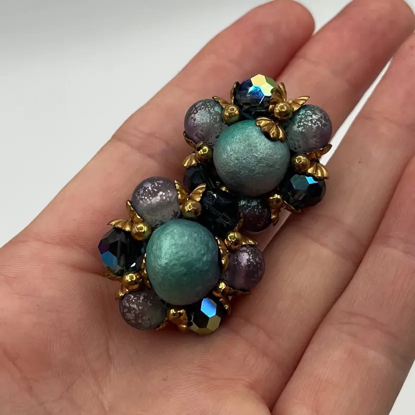 Vintage Cluster Clip Earrings Blue Purple AB
