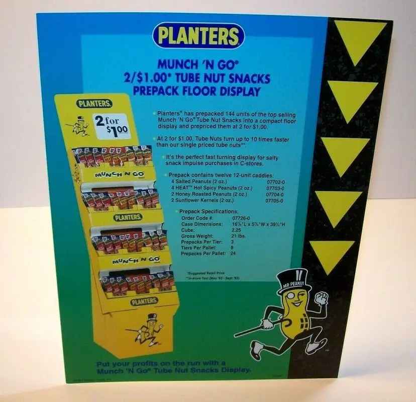 Planters Mr Peanut Vintage Munch N Go Floor Display Promo Paper Sales Flyer 1994