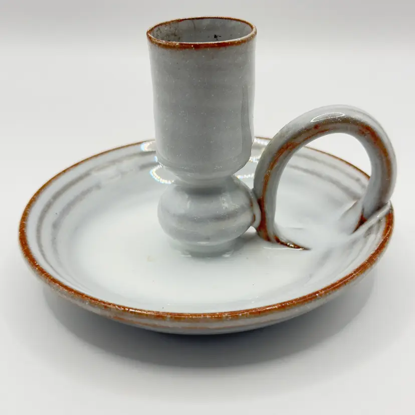 Vintage Handcrafted Studio Pottery Chamberstick Candle Holder, Rustic White Glaze, Unbranded
