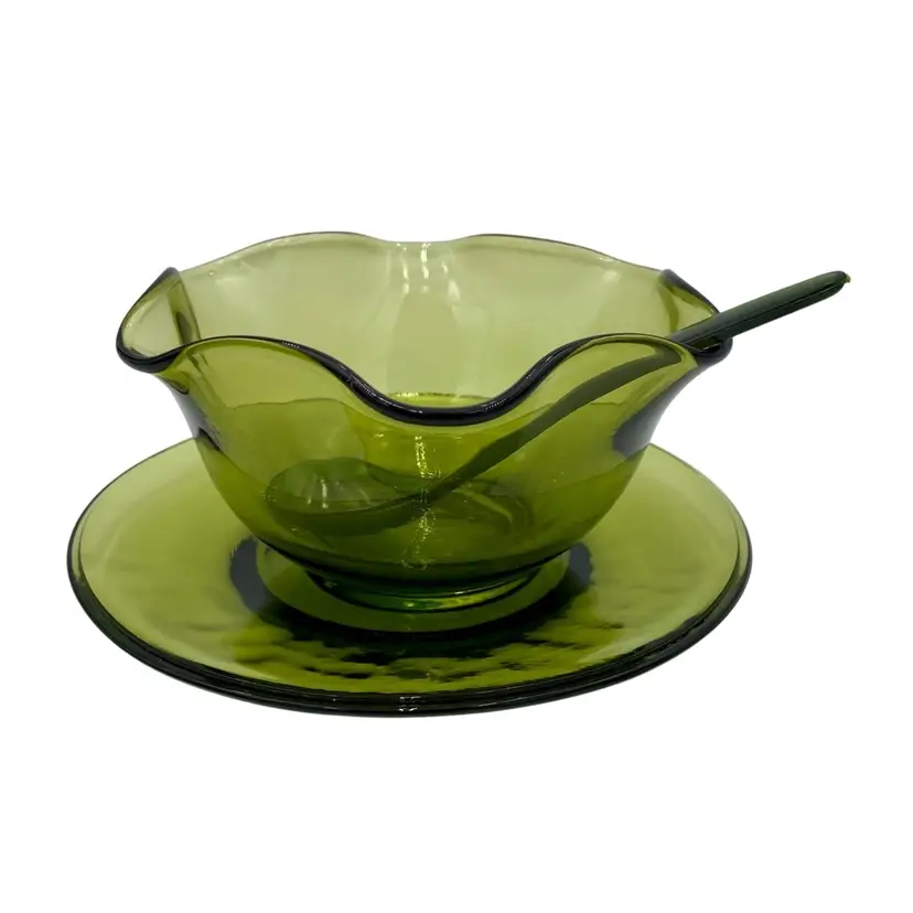 Vintage Indiana Glass Olive Green 3-Piece Mayonnaise Set: Bowl, Underplate, and Ladle