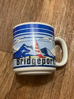 Coffee Mug Cup Bridgeport Beach Scene Sailboat Seagull  Water Mountains 3.25” H