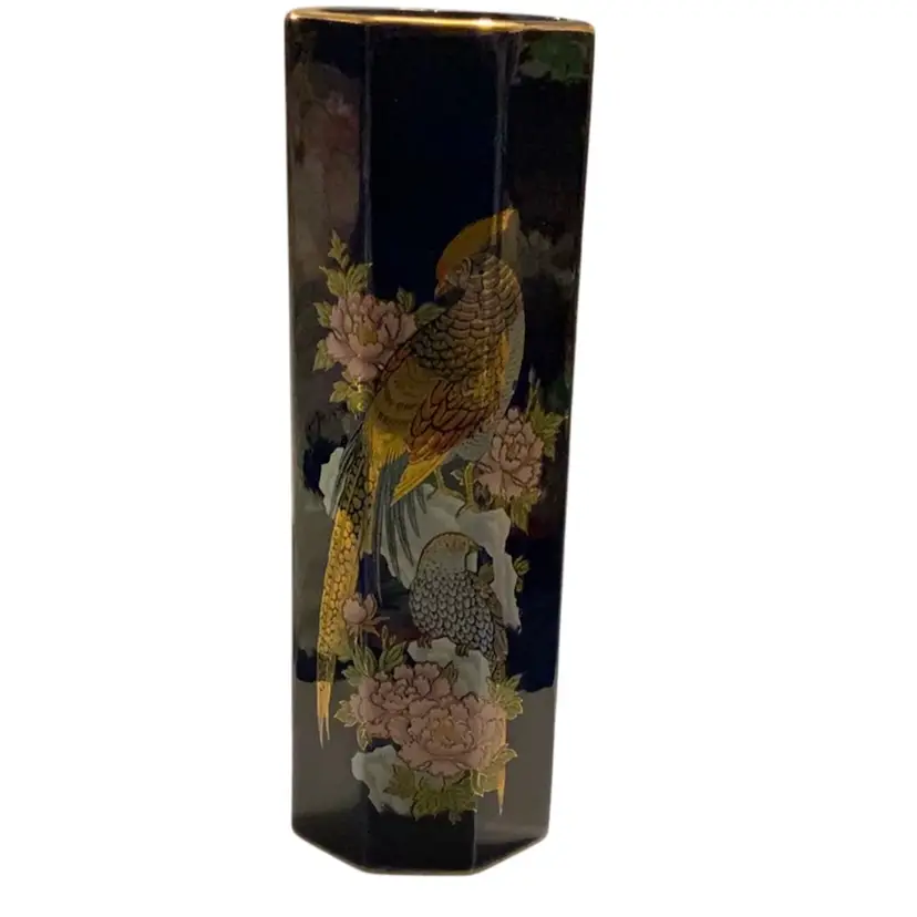 Gorgeous Vintage Japanese Cobalt Blue Octagon Vase Gold Pheasant Bird Asian Pink Floral