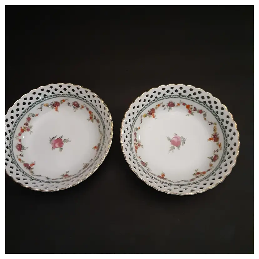 Vintage Reticulated Bowls with Painted Roses, Gold Rim, Made in Germany
