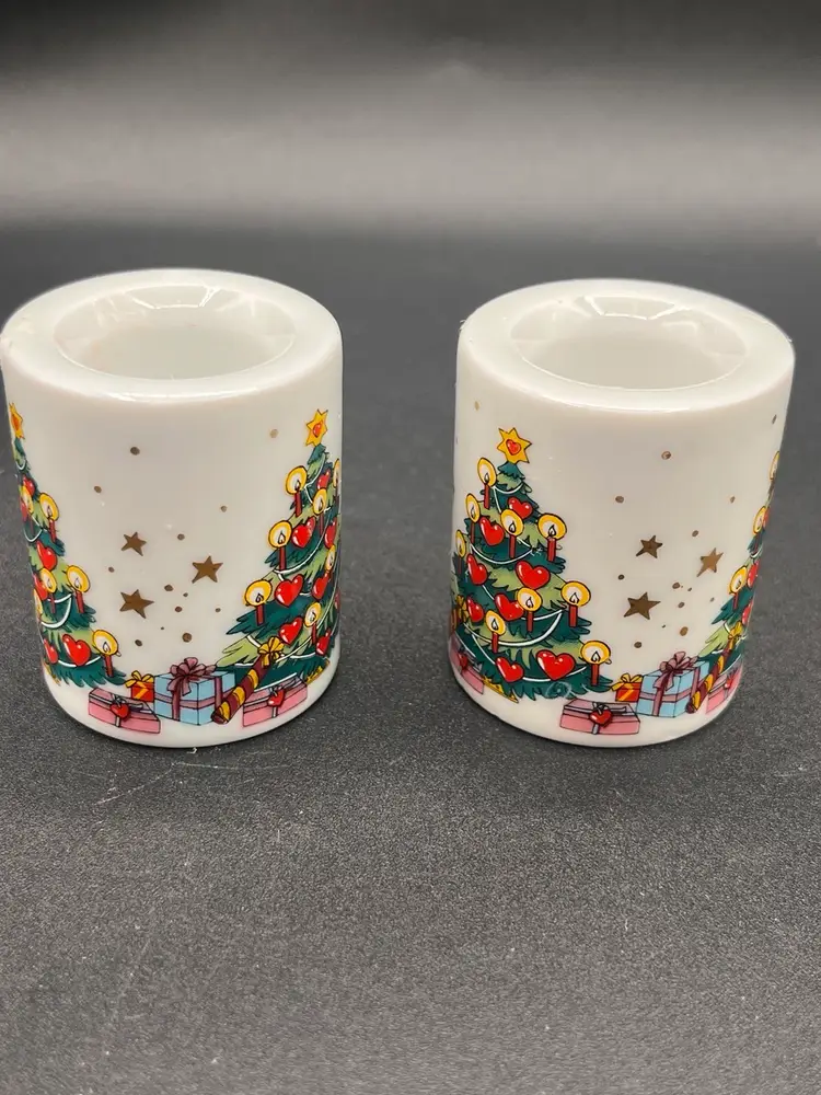 **Pair Of West German Porcelain Christmas Tree Cylinder Candle Holder 2”