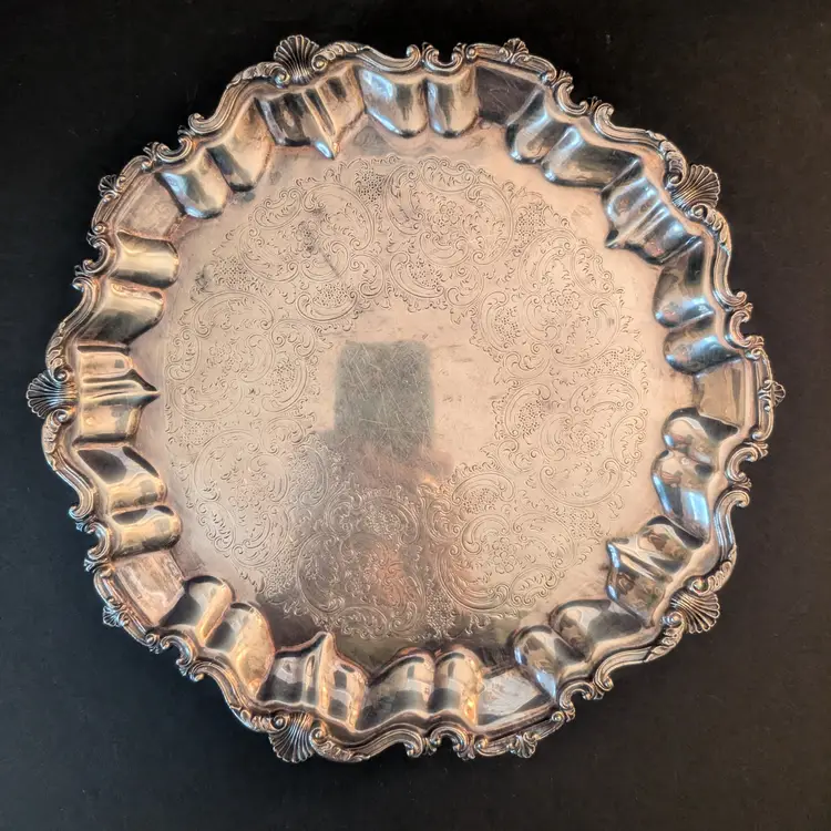 Gorham Silver Plate Round Shell Border Footed Tray 12" Wide