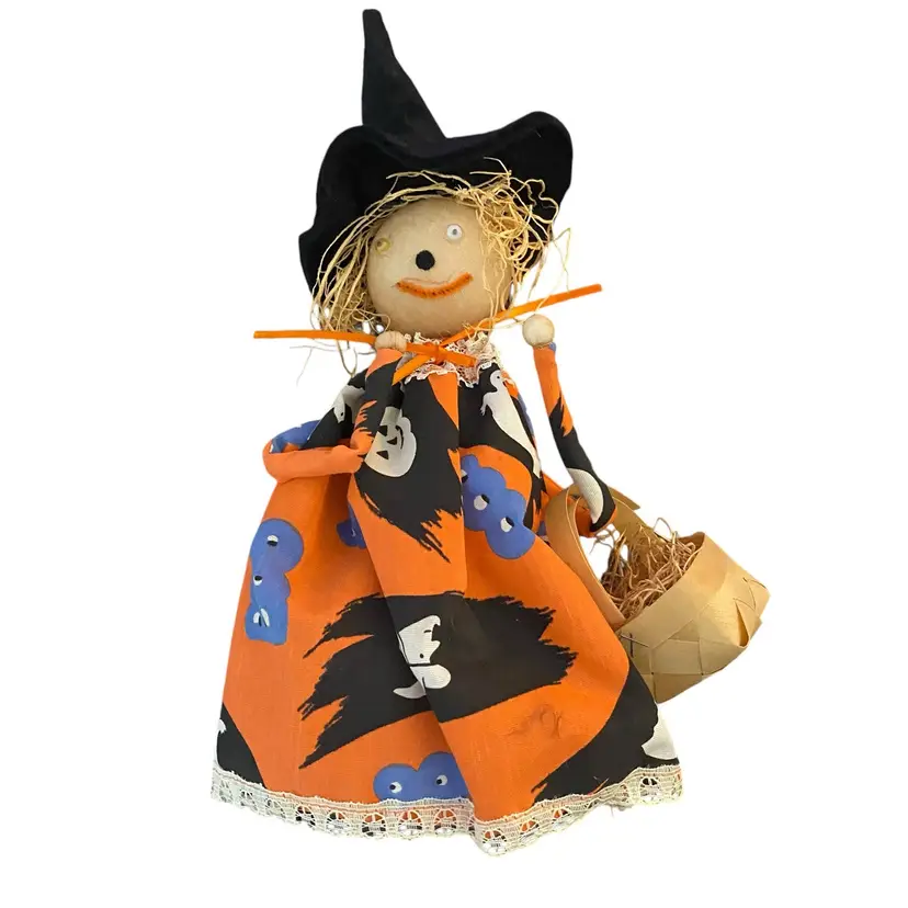 Vintage Handmade Witch With Basket And Goggly Eyes