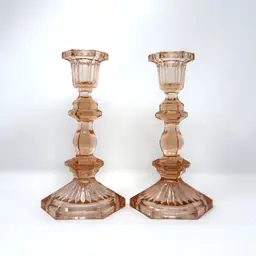 Pink Glass Taper Candle Holders, Vintage Pair, Octagonal Base, Faceted Stem  (0029-26)