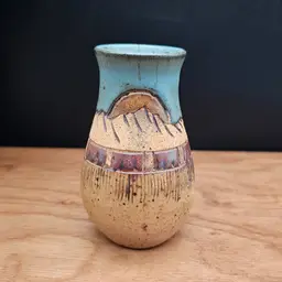 John Winterhawk Muscogee-Creek Indian Pottery Bud Vase Blue Sky Mountain Sunset