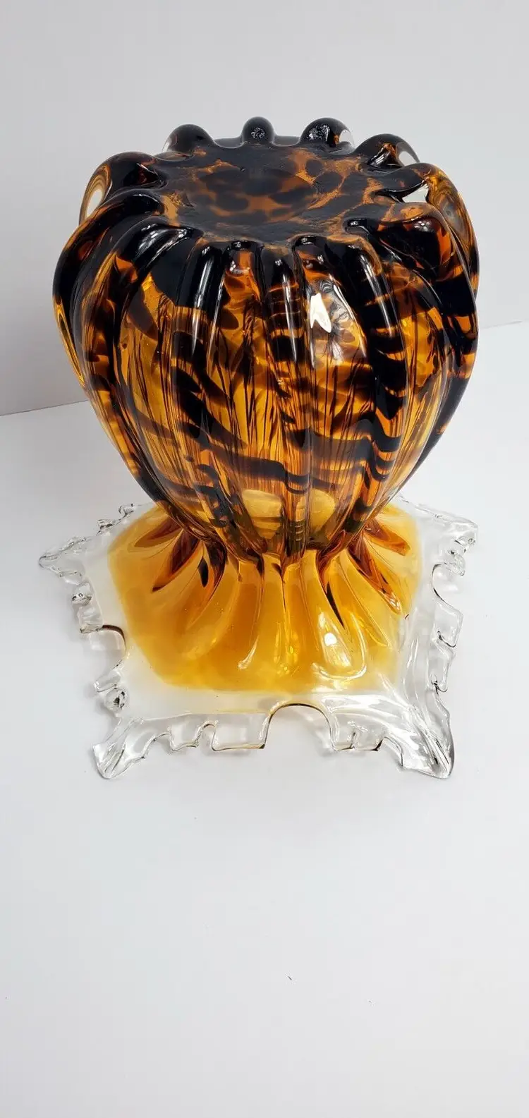 Murano Ribbed Tortoise Shell w/ Clear Flame Rim Vase 9" Tall