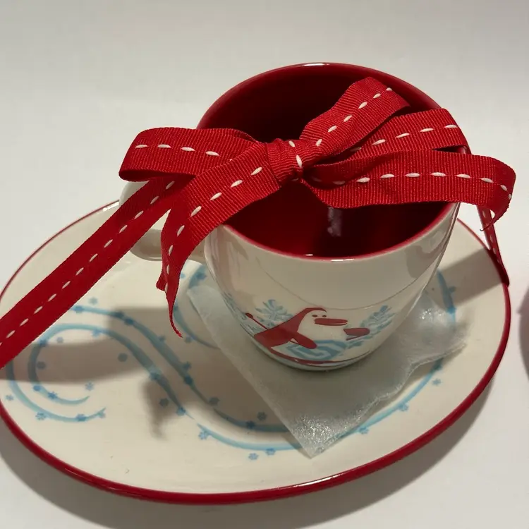 Starbucks Holiday Cup Snack Plate Set Of 2 Penguin Snowman Skiing