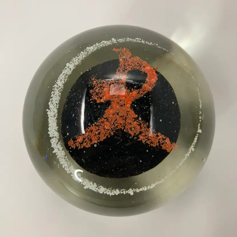 Vintage Asian Symbol with Sand Effect Round Glass Paperweight! 2” Tall x 2 1/2” Wide! Read!