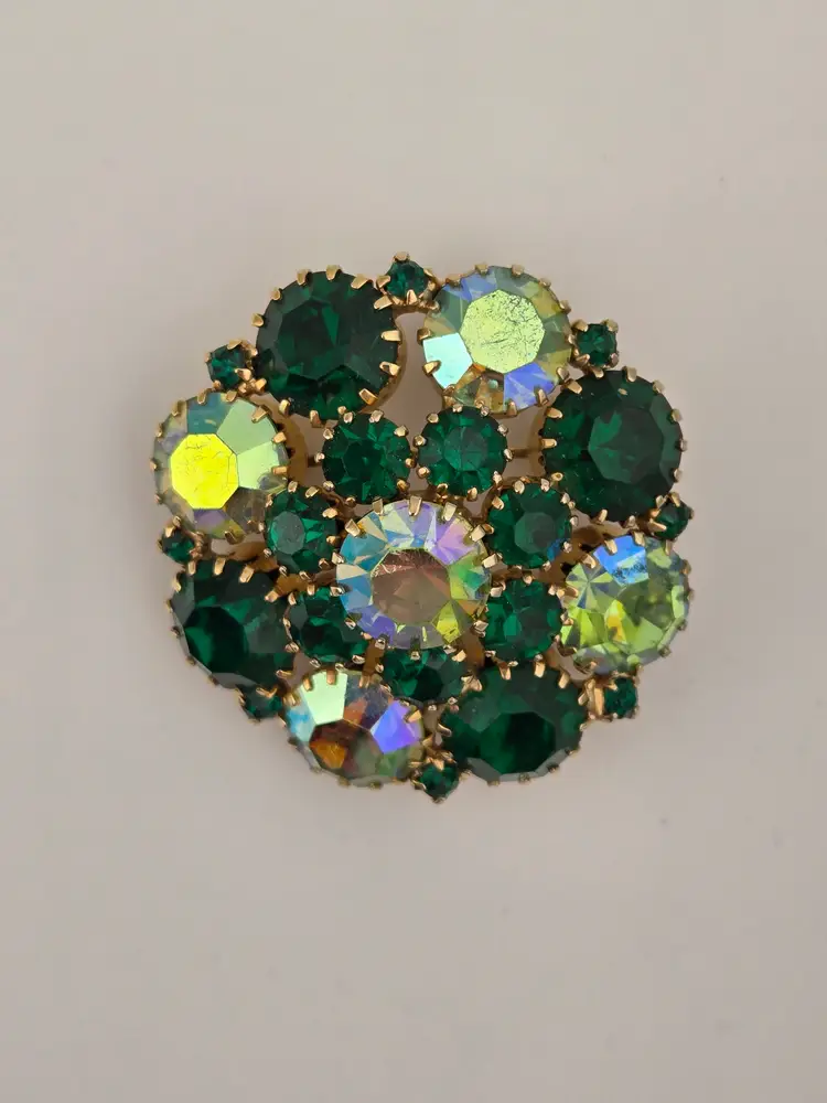 Weiss Green and AB Rhinestone Brooch
