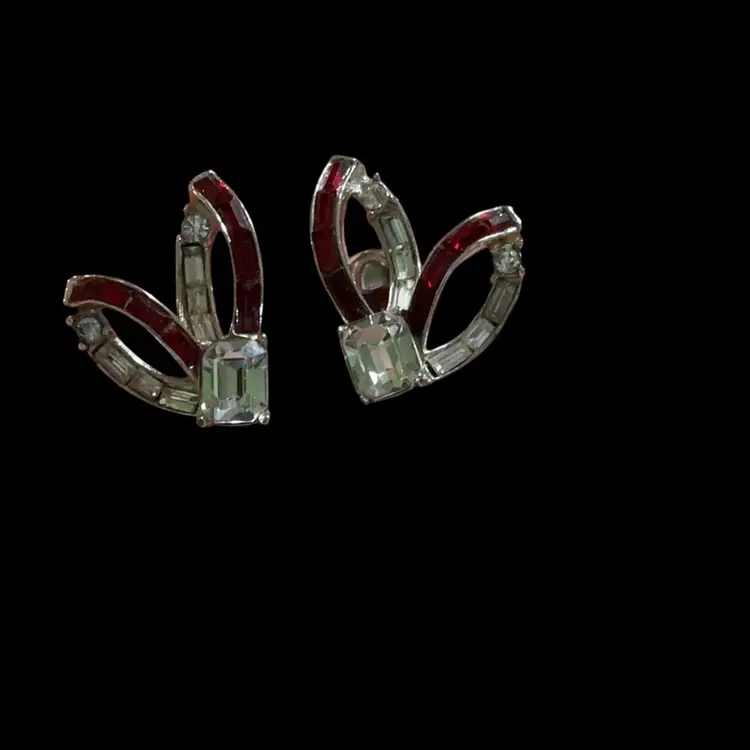 Vintage Silvertone Coro Clip Earrings With Clear & Red Glass Rhinestones.