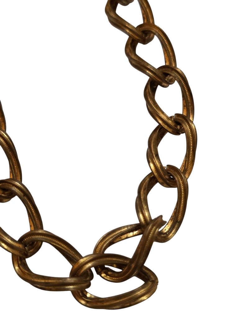 Vintage Textured Brass Curb Link Chain Necklace with Fancy Art Deco Style Clasp