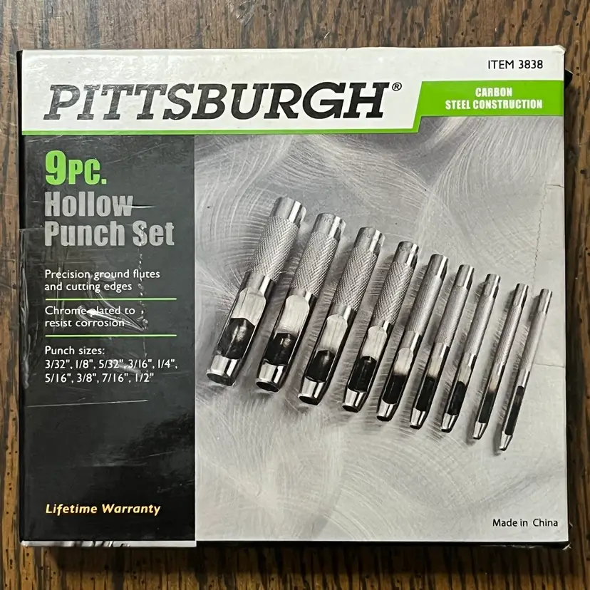 PITTSBURGH 3838 9PC HOLLOW PUNCH SET 3/32" TO 1/2" CARBON STEEL & STORAGE POUCH