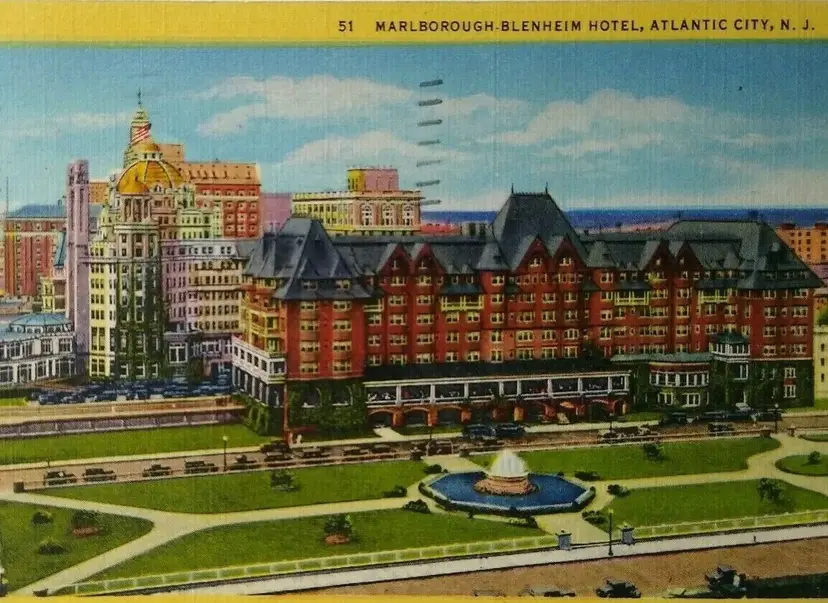 Marlborough Blenheim Hotel Atlantic City Postcard New Jersey 1950 Linen Fountain