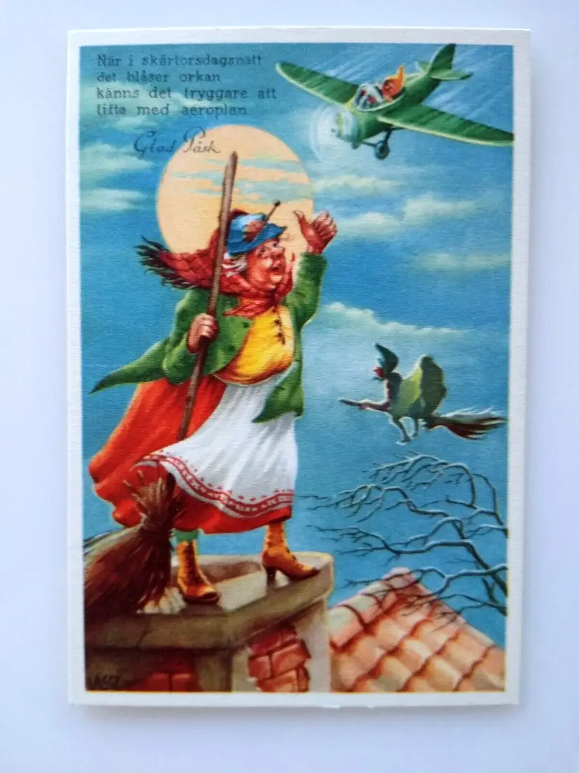 Easter Witch Postcard Fantasy Glad Pask Riding Broom Airplane Full Moon Sweden