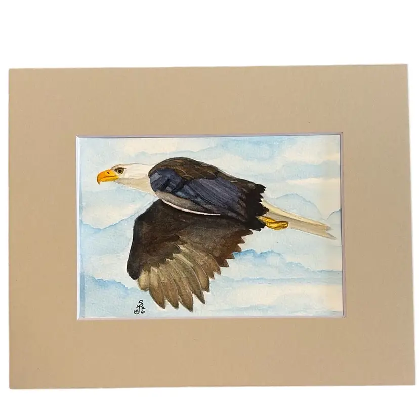 Original Watercolor Flying Bald Eagle 5x7” In Putty Colored 8 X 10” Matte