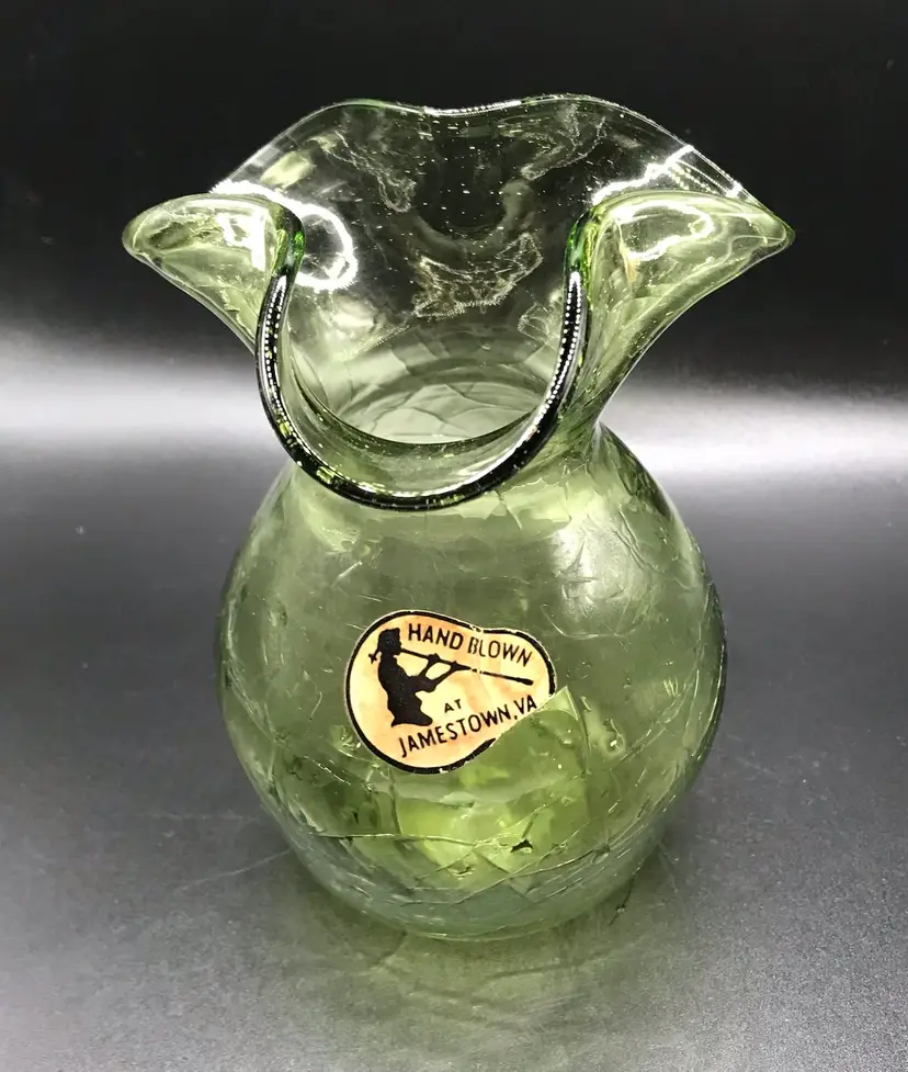 JAMESTOWN Handblown Glass Green Vase Ruffled Rim 5.5" Tall