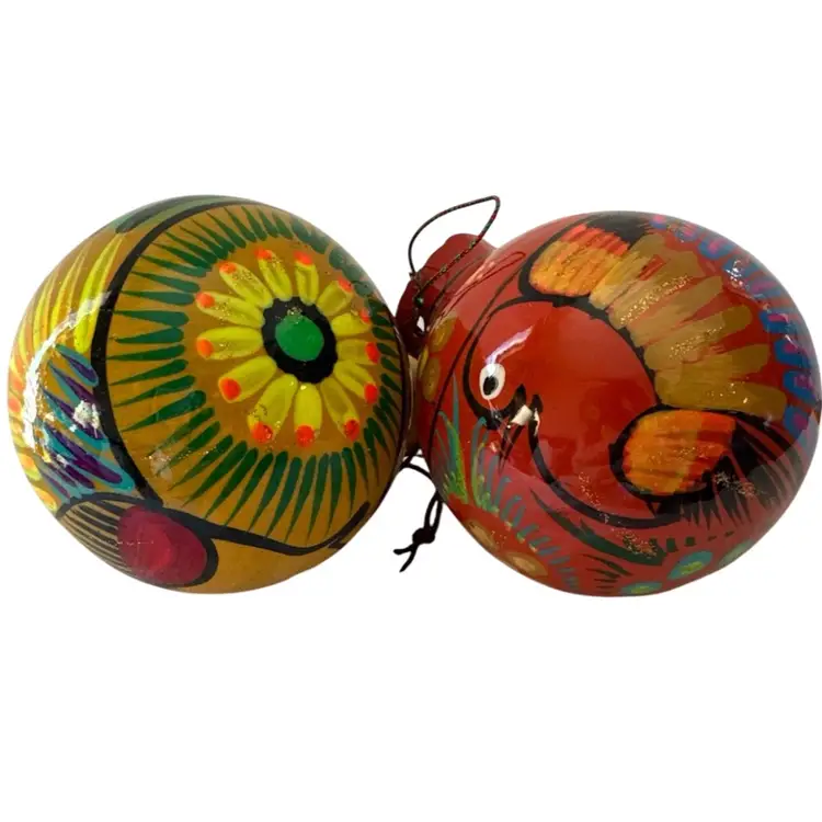 2- Talavera Christmas Balls Ornament Mexican Ceramic Folk Art Pottery Birds