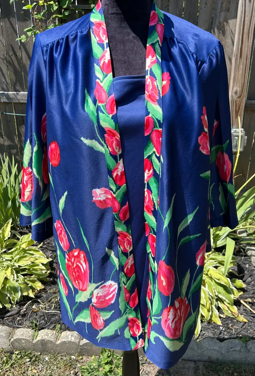 Vintage Top Notch Blue with Pink Flower Polyester Blouse 2x