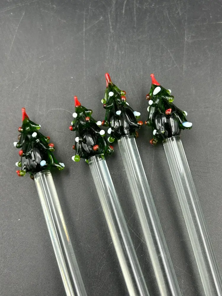 4 vintage Hand Blown Glass Christmas Tree, Swizzle Sticks