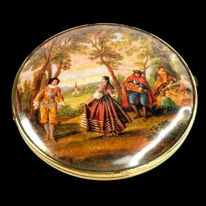 Vintage Double Mirror Brass Compact. Large 5-1/3”. Renaissance Garden Party Scene With Dancing Couple & Minstrels- Scene On Both Sides.