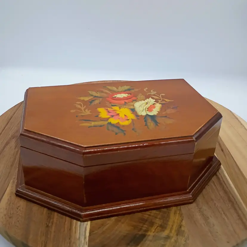 Vintage Floral Painted Wooden Jewelry Box Mirrored Ivory Interior. Uncommon Shape