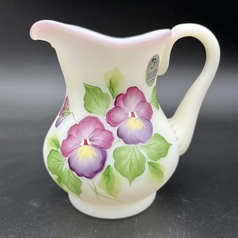 Fenton Hand Painted Jug Pitcher Creamer Vase Pansies White Satin Glass S Hopkins