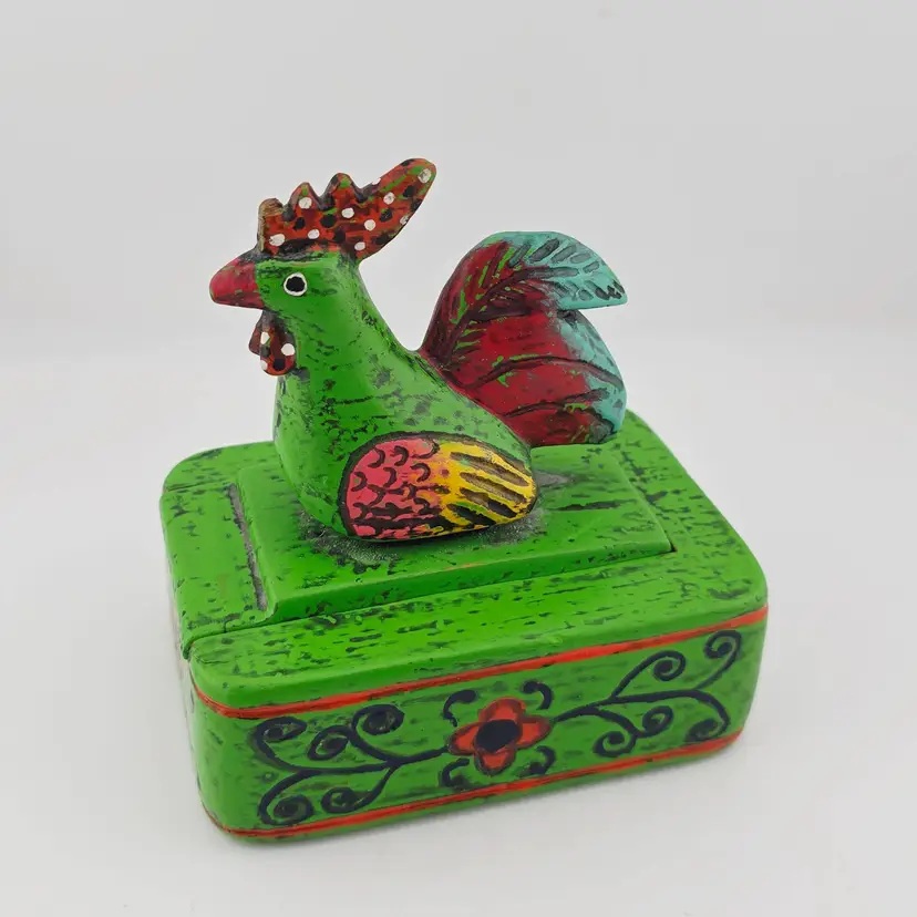 Vintage Wooden Green Rooster Sliding Trinket Box