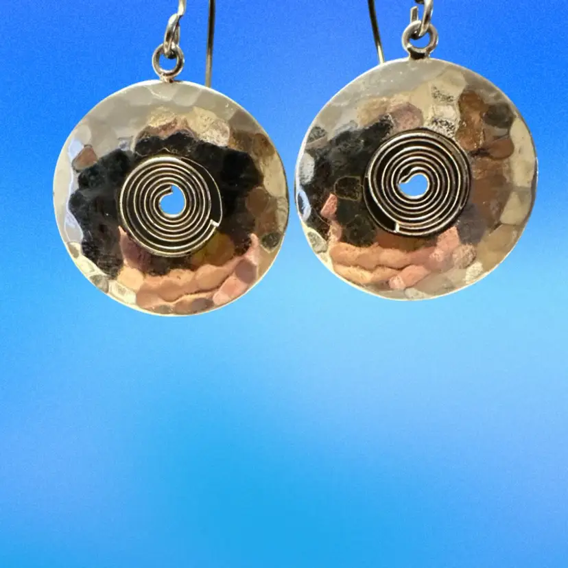 Mexico Sterling Silver 925 Scroll Design Hammered Disk Earring