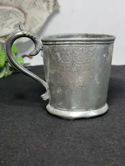 Antique Pewter Child’s Mug – Ornate Floral Engraving – Mid to Late 1800s – Marked #1332