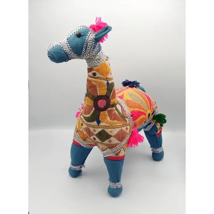 Vintage Hand-Crafted Stuffed Cotton Embroidered Giraffe India Large 15" Boho